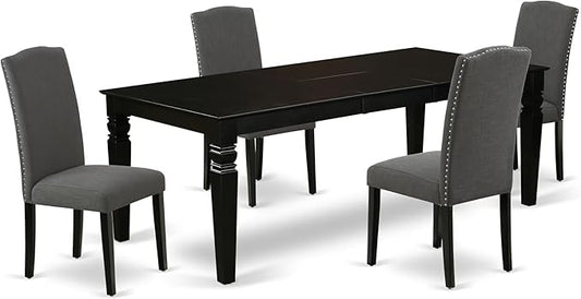East West Furniture LGEN5-BLK-20 5 Piece Dinette Set Includes a Rectangle Dining Room Table with Butterfly Leaf and 4 Dark Gotham Linen Fabric Upholstered Chairs, 42x84 Inch, Black