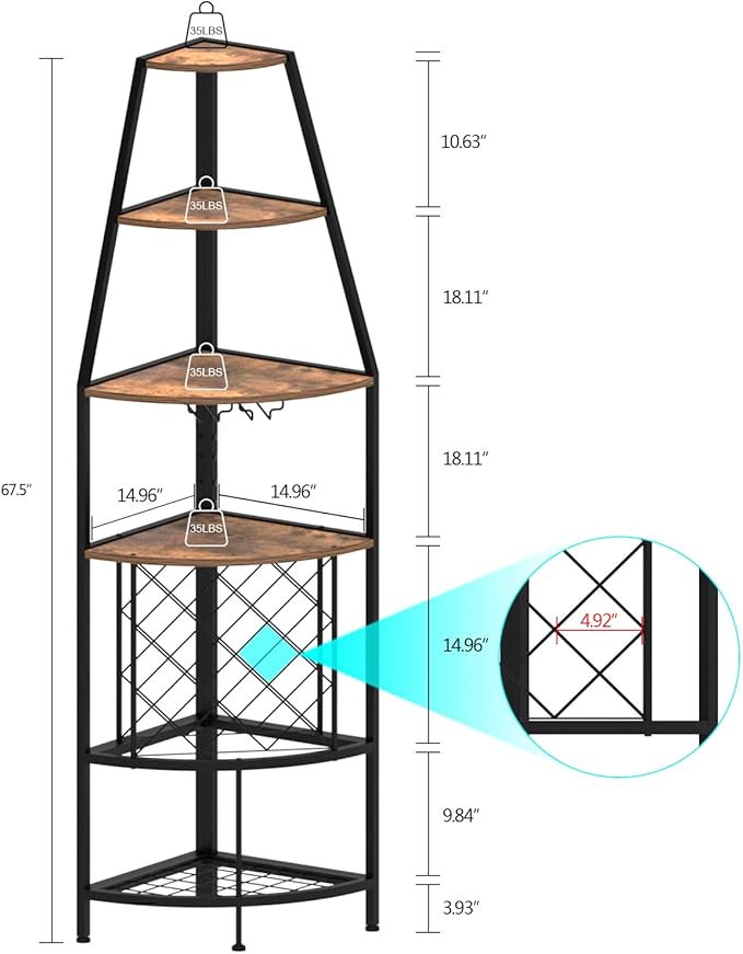 5-Tier Corner Wine Rack with LED Light Floor Standing Wine Rack with Glass Holder and Bottles Wine Storage Home Bar Furniture for Kitchen Living Dining Room (Rustic Brown)