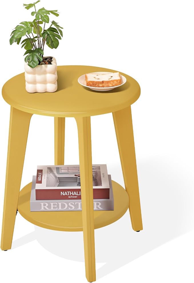 Round Side Table Gold Wooden End Table with Lower Shelf Rustic Vintage Nightstand Beside Table for Living Room Bedroom Small Spaces