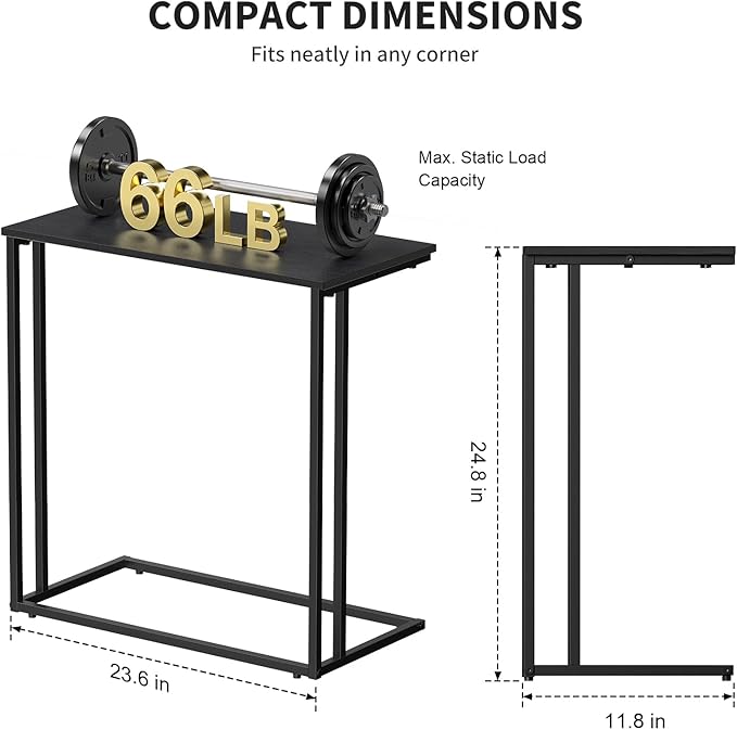 C-Shaped Side Table, Modern End Table with Metal Frame, Space Saving Design for Living Room，Large Surface Couch Table for Bedroom, and Home Office，24 x 12 x 24 inches (Black)