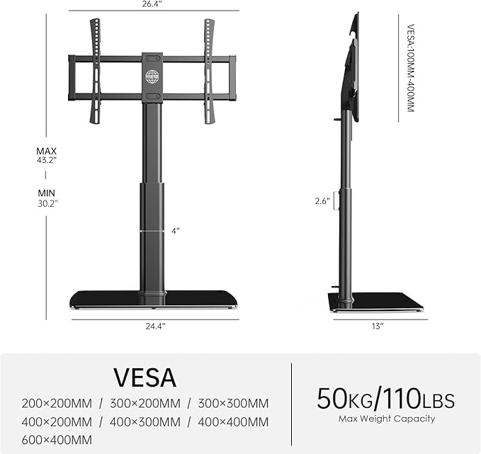 FITUEYES Universal TV Stand Mount for 43-80 85 inch TVs, Swivel Tall TV Mount Stand, Table Top TV Stand Base Replacement, Height Adjustable TV Table Stand, Glass Base, Max Holds 110lbs