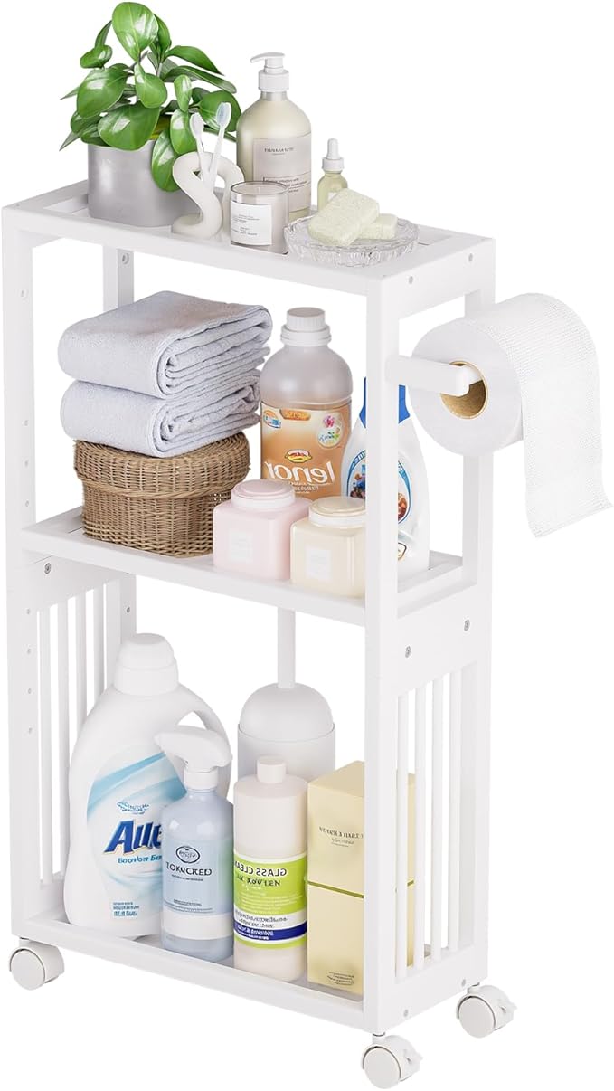 AmazerBath White Toilet Paper Holder Storage - 3 Tier Bamboo Mobile Storage Shelf, Small Bathroom Rolling Storage Cabinet Corner, Thin Shelf for Narrow Spaces on Wheels, Slim Bathroom Organizer, White