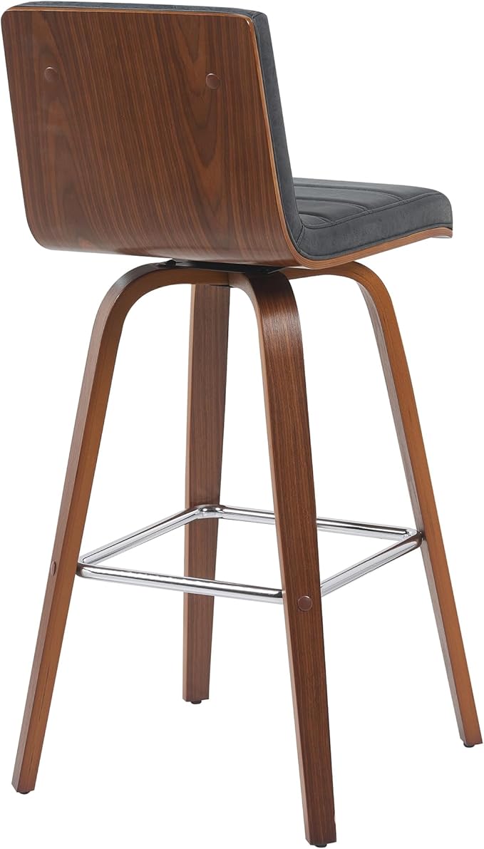 Armen Living Vienna Modern Swivel 30" Bar Height Barstool with Vintage Black Faux Leather and Walnut Wood Finish