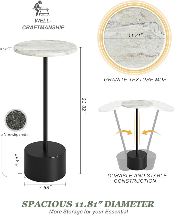 Drink Table Pedestal, Round Side Table, Drink Tables for Small Spaces, Pedestal End Table, Small Pedestal Table (Black)