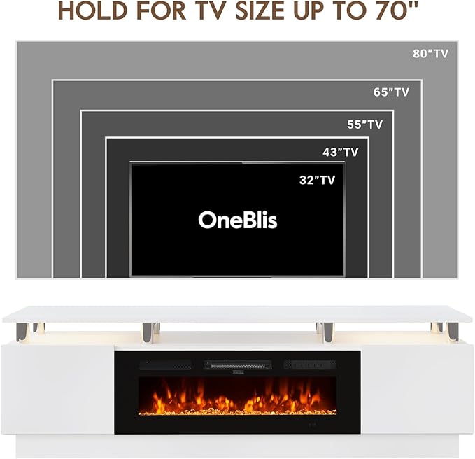 70" TV Stand & Entertainment Center, Media Console with Storage Shelves, Fits TVs up to 80", Modern Living Room Furniture, 36" Electric Fireplace (White+Black)