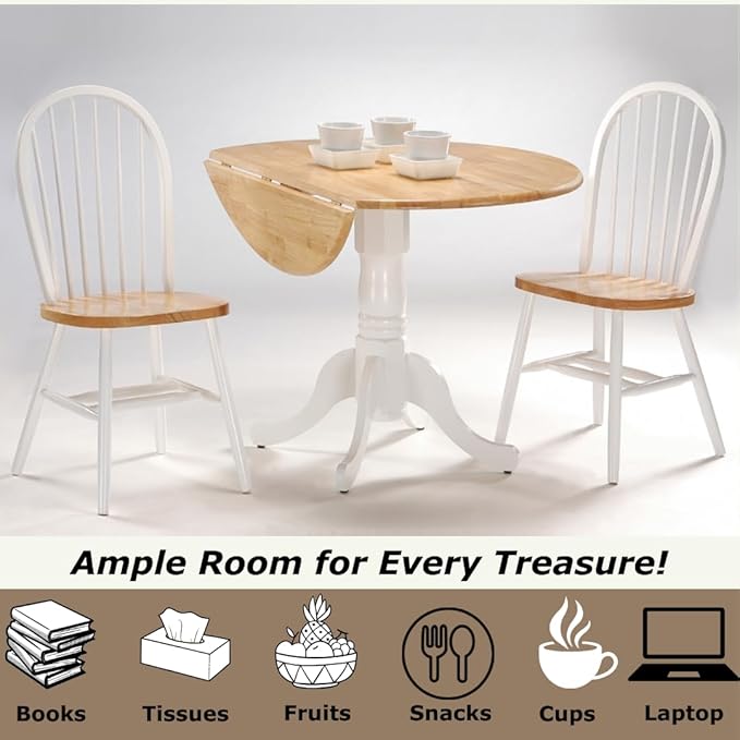 42" Round Dual Drop Leaf Pedestal Dining Table, Solid Wood, Easy Assembly, 20mm Top Thickness, Kitchen/Dining Room, Includes Two 9" Drop Leaves, Durable Parawood Construction, Unfinished