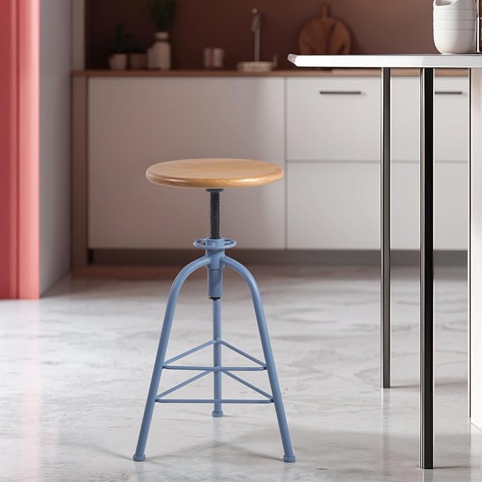 Industrial Bar Stools-Set of 2 24.4-28.3inch Counter Height Kitchen Stool-Modern Dinner Breakfast Chairs-Swivel Round Wooden Seat