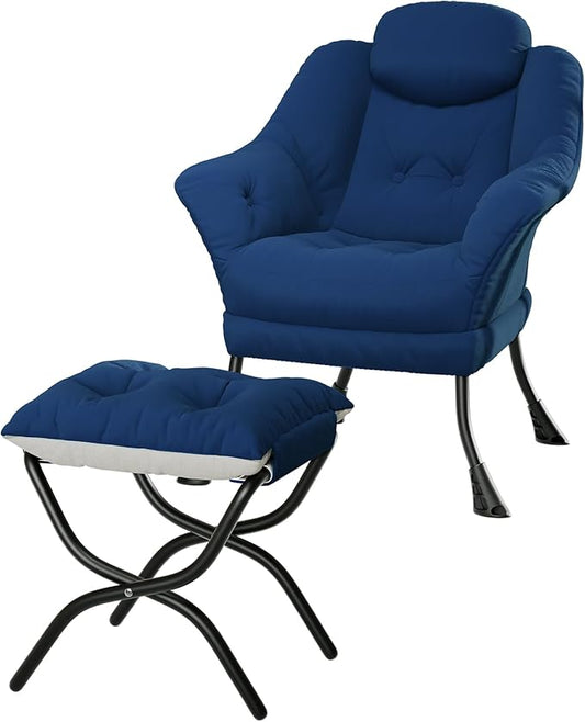 Lazy Chair with Ottoman - Modern Living Room Chairs for Small Spaces, Ergonomic Reading Chair with Armrests, Comfy Chair with Ottoman for Bedroom & Living Room, Blue