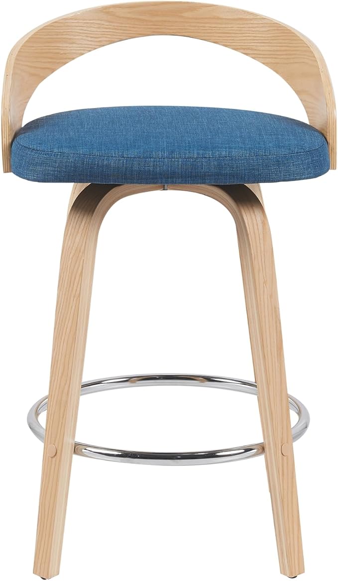Sonia Modern Swivel Counter Height Bar Stool with Blue Upholstered Seat and Patterned Oak Wood Finish Set of 3