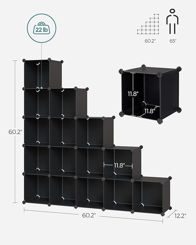 SONGMICS Cube Storage Organizer, Set of 16 Plastic Cubes, Closet Organizers and Storage, Room Organization, Bedroom Living Room, 12.2 x 48.4 x 48.4 Inches, Black ULPC44BK