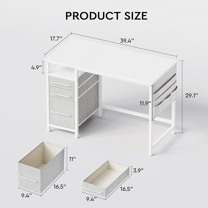 Ｍａｉｈａｉｌ Maihail Small Desk with Drawers, 40 inch Computer Desk with Shelves, Writing Desk with Storage, Small Office Desk with Metal Frame, White