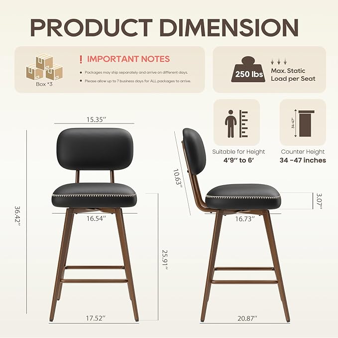 Swivel Bar Stools Set of 6, Mid Century PU Leather Counter Height Bar Chairs with Low Back and Metal Legs, Modern Bar Stool Chair for Kitchen Island, Black