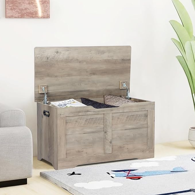 31.5" Storage Chest, Wooden Storage Bench, Lift Top Toy Chest with 2 Safety Hinges, Large Toy Box, Entryway Shoes Bench for Living Room, Bedroom, Grey