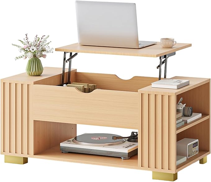 COMHOMA Lift Top Coffee Tables for Living Room, 39" Center Table with Hidden Storage Compartment, Adjustable Wooden Tea Table for Small Spaces, Natural Oak