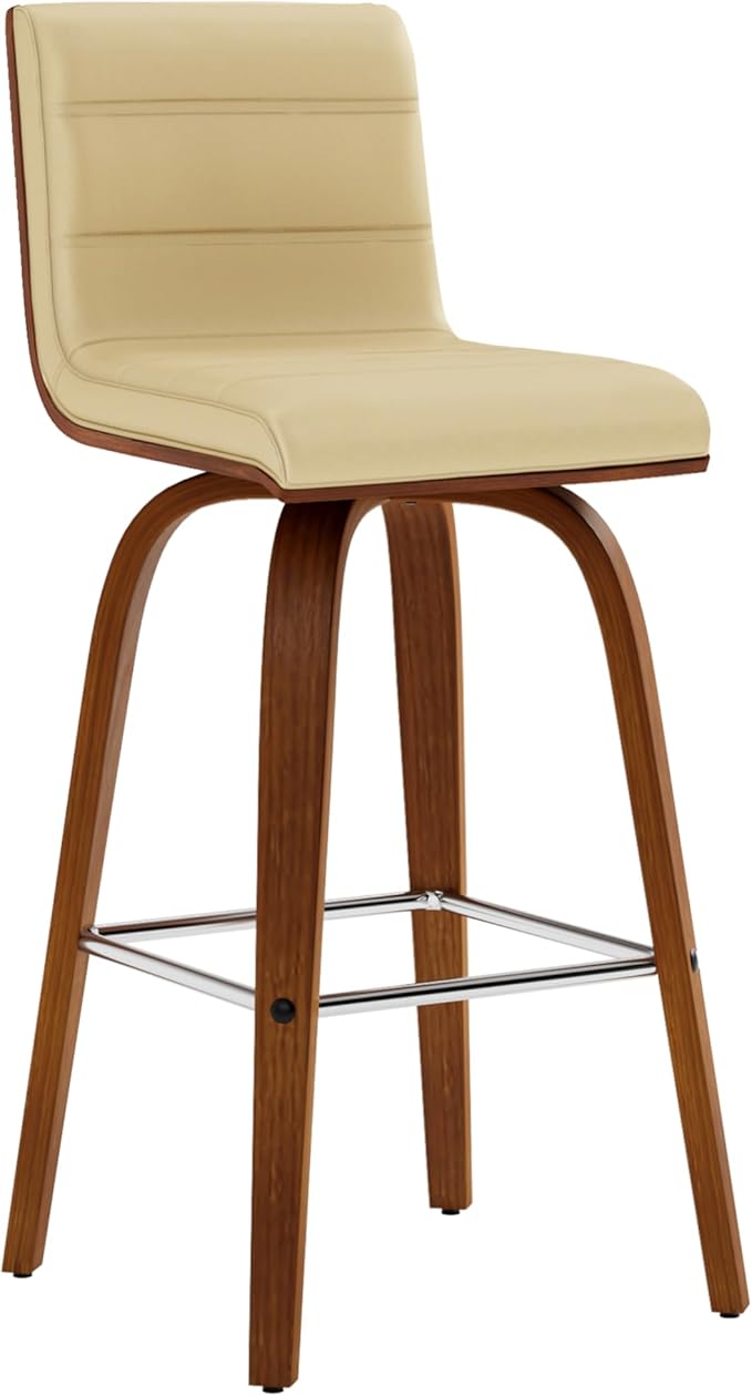 Armen Living Vienna Modern Swivel 26" Counter Height Barstool with Cream Faux Leather and Walnut Wood Finish
