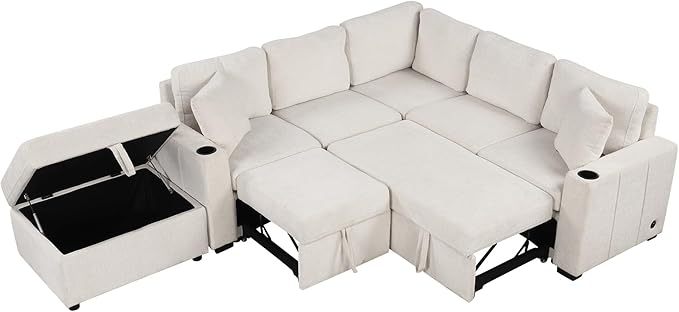 84.7" Symmetrical Convertible Sleeper Sectional Sofa Couch Bed for Living Room 4 Seater L Shaped Reversible Pull Out Sleeper Sofabed with Movable Ottoman ,2 Cup Holders ,USB Ports, Detachable Backrest