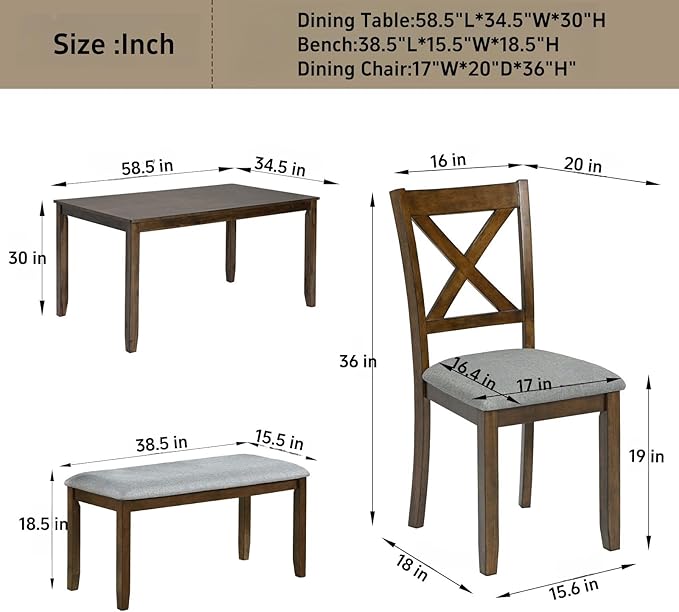 Dining Table Set, 6-Piece Modern Rectangular Dining Table & Chair Set with 4 Upholstered X-Shaped Backrest Chairs and a Bench, Walnut