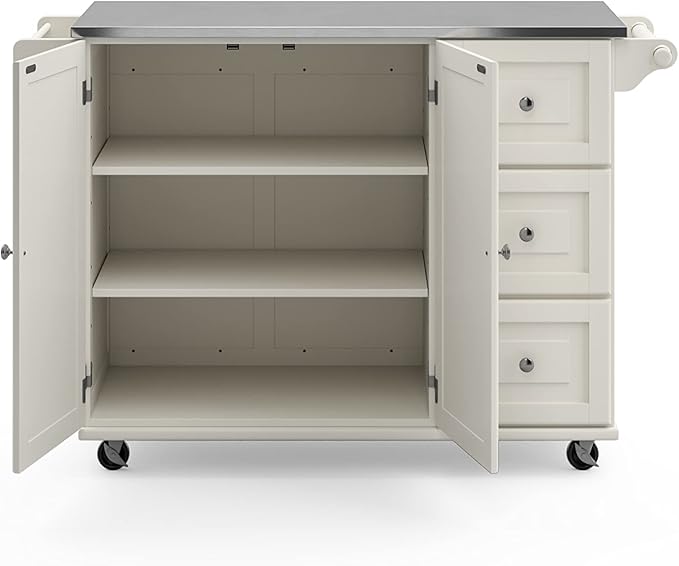 Homestyles Dolly Madison Rolling Mobile Kitchen Island with Storage and Towel Rack, 54 Inch Width, Off White