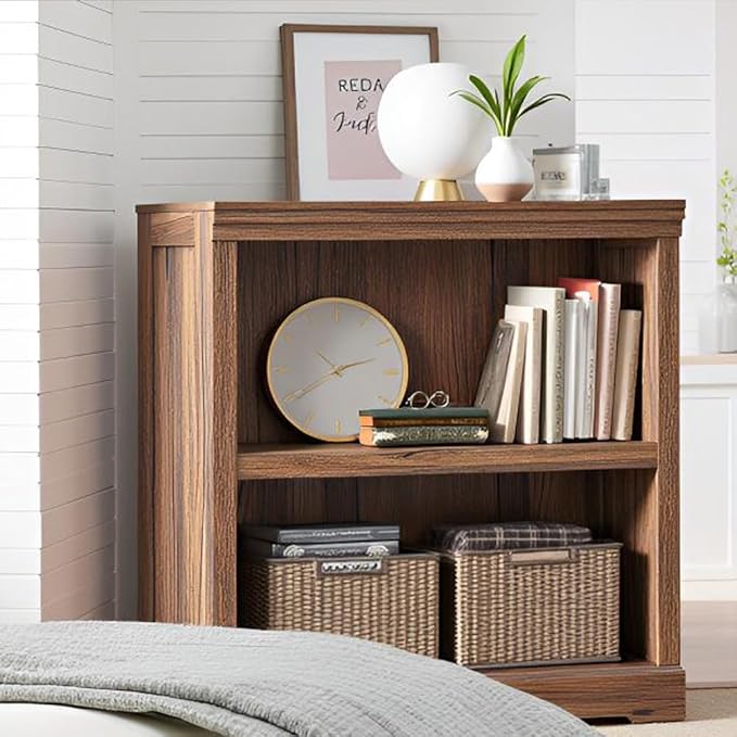 LINSY HOME 2-Tier Bookcase and Bookshelf, Small Wood Display Storage Shelves Farmhouse Bookshelf for Home Office, Living Room, Bed Room - Dark Brown