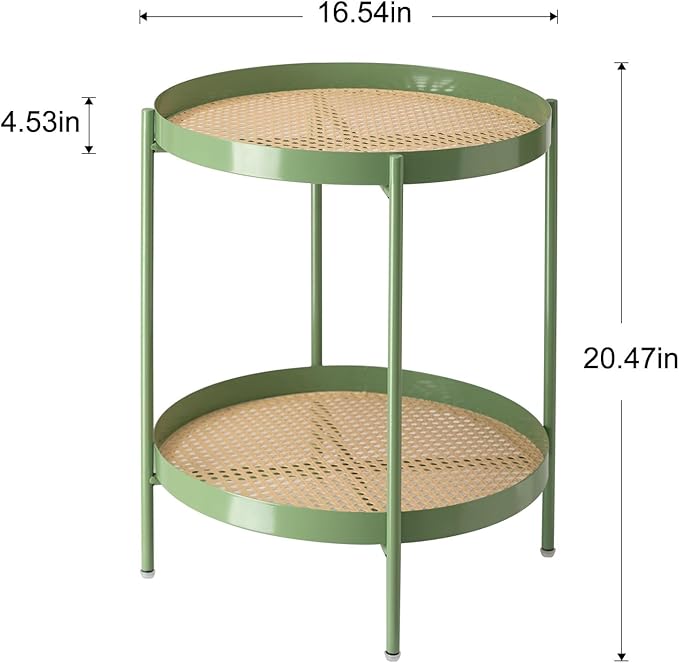 TeoKJ All Metal Side Table, 2 Tier Anti Rust End Table with Imitation Rattan Pattern on Removable Trays, Round Table for Living Room, Small Nightstand for Bedroom 20.47 Inch x 16.54 Inch Green
