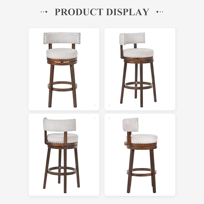 COLAMY Swivel Bar Stool, Swivel Bar Height Bar Stool, Modern Swivel Barstool with Back, Upholstered Wood Barstool for Kitchen Island Dining Room Bar, Beige, FM-4840-30-Beige-F