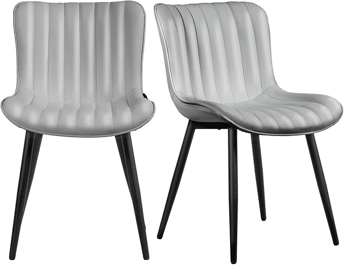 YOUNUOKE Mid-Century Modern Dining Chairs Set of 2, Grey PU Leather Upholstered Kitchen Chairs with Black Metal Legs, Armless Accent Chair for Dining Room, Guest Reception Room