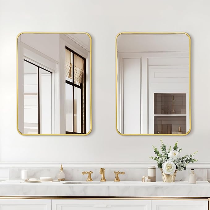 20x28 Rounded Rectangle Bathroom Mirrors for Over Sink, Gold Vanity Mirror with Metal Frame Wall Mounted, Modern Farmhouse Mirror for Restroom, Bedroom, Entryway Decor