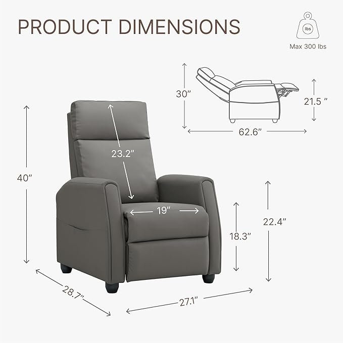 Recliner Chair for Adults PU Leather Push Back Armchair with 4 Colors Ambient Lighting Home Theater Seating with Massage & Heat Vibration Single Sofa for Living Room,Gray