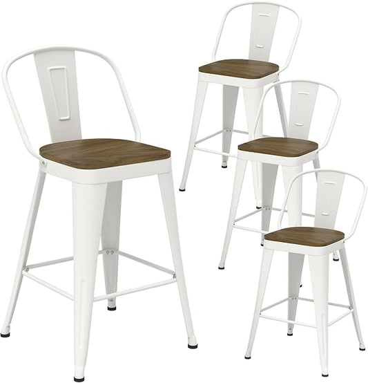 Metal Bar Stools Set of 4, High Back Bar Stools with Wooden Seat, 26 inch White Barstools for Kitchen Island