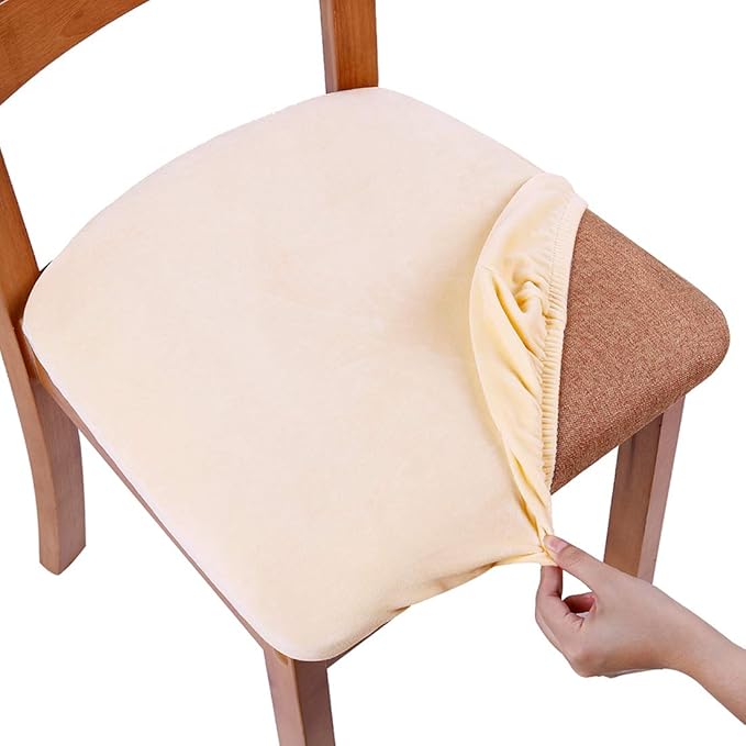 Smiry Velvet Seat Covers for Dining Room Chair Set of 6, Stretch Fit Removable Washable Chair Seat Cushion Protector Slipcovers with Ties, Cream