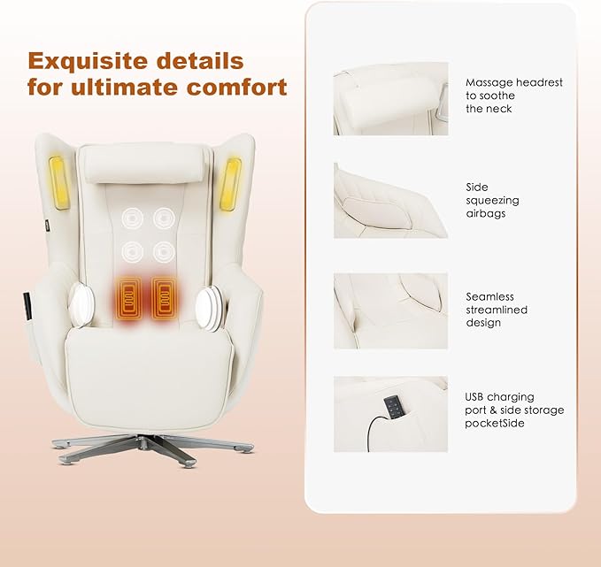 COLAMY Zero Gravity Massage Chair with 4-Zone Massage, Dual Lumbar Heat, Airbag Compression, 360° Swivel, Built-in Bluetooth Speakers & USB Charging, White