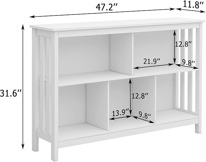 TaoHFE Horizontal Bookshelf - Modern Minimalist 2-Tier Book Shelf with Storage, Short Wide Wood Bookshelf for Classroom, Office, Living Room or Study, White