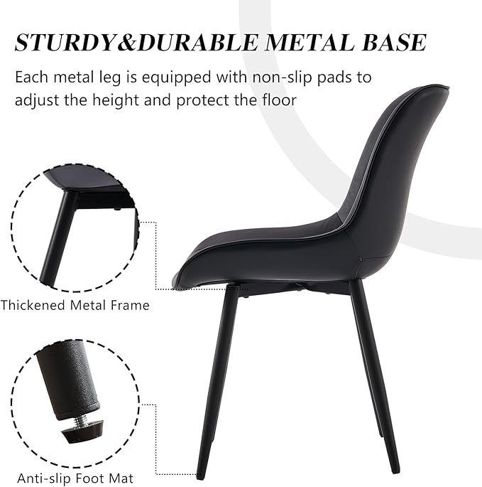 YOUNIKE Black Dining Chairs Set of 2 with High Backs Mid Century Modern Kitchen & Dining Room Chairs PU Faux Leather Upholstered Wide Seat Accent Chair Comfortable Large Padded Side Chair Metal Legs