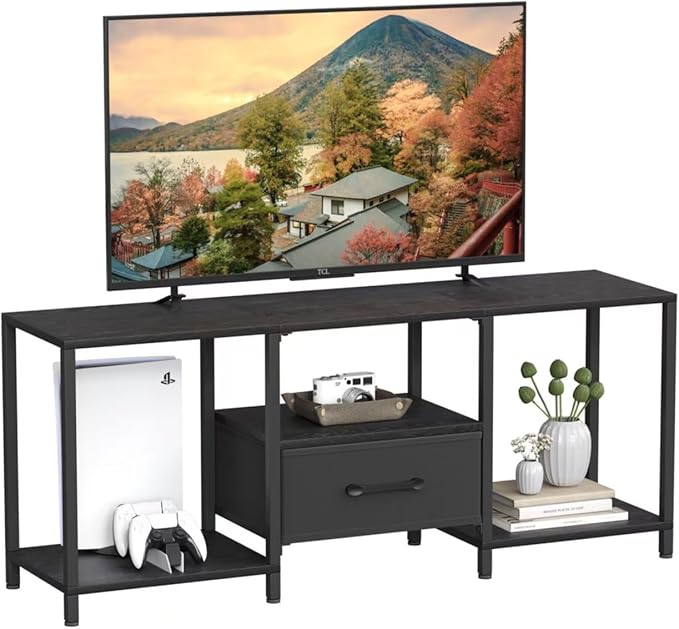 TV Stand with Fabric Drawer for 55 Inch TV, Entertainment Center with Open Shelves, Media TV Console Table for Living Room, Bedroom, Black