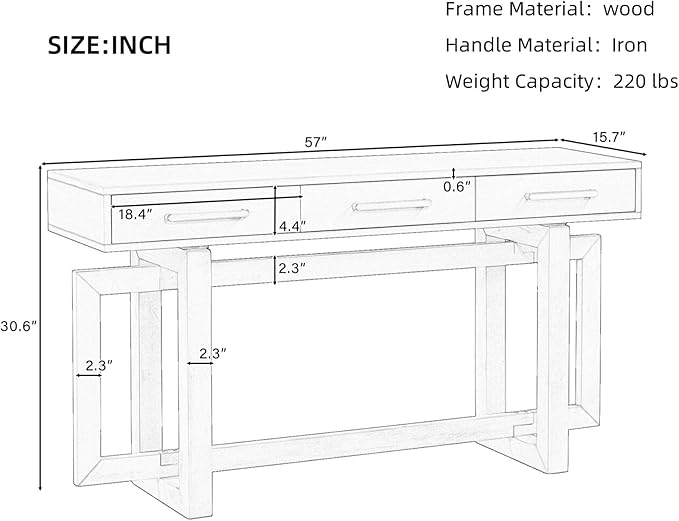 57” Entryway Console Sofa Table with Storage Drawers, Long Narrow Behind Couch Furniture for Living Room, Entrance, Hallway, Front Door, Antique Gray