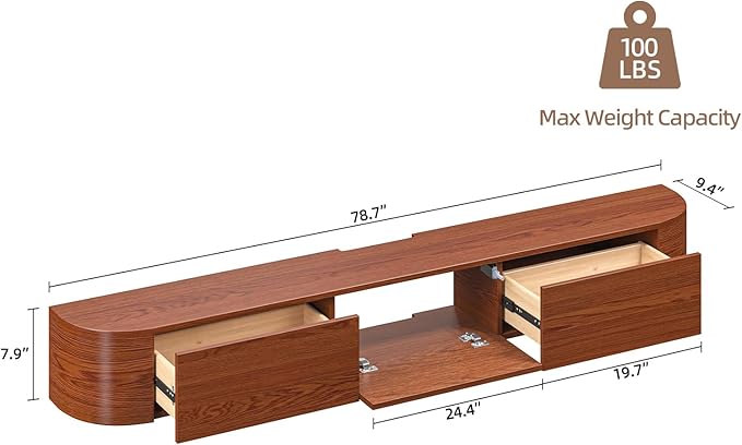 Fully Assembled Floating TV Stand with Drawers, 78IN Vintage Wall Mounted Entertainment Center, Minimalist Large Storage Console Under TV, Solid Wood Media Shelf for Living Room, Bedroom