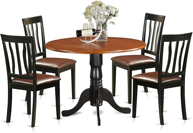East West Furniture DLAN5-BCH-LC 5 Piece Dining Room Furniture Set Includes a Round Kitchen Table with Dropleaf and 4 Faux Leather Upholstered Dining Chairs, 42x42 Inch, Black & Cherry