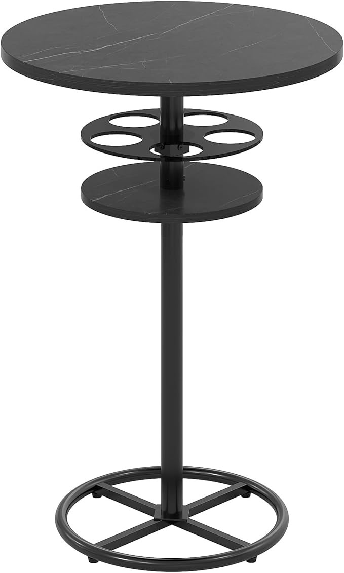 VECELO 36” High Top Bar Table, Sturdy Frame with Metal Base for Cocktail, Pub, Easy Assembly, Marble Black