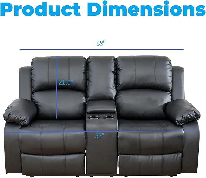 Loveseat Recliner Sofa, Reclining Loveseat Leather Couch with Storage Console, Modern Comfy Home Theater Seating Power Recliner Chair with Cup Holders for Living Room Furniture Sets, Black