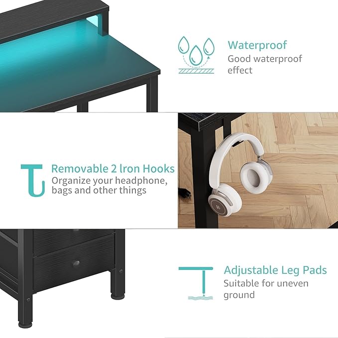 Lufeiya Gaming Desk with LED Lights and Power Outlets, 47 inch Computer Desk with Fabric Drawers, Reversible Home Office Desk with Monitor Stand, Black