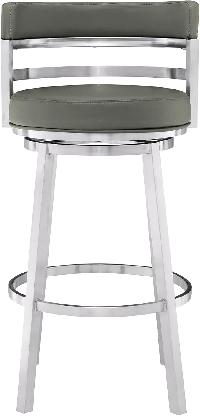 Armen Living Titana 30" Bar Height Swivel Grey Faux Leather and Brushed Stainless Steel Bar Stool