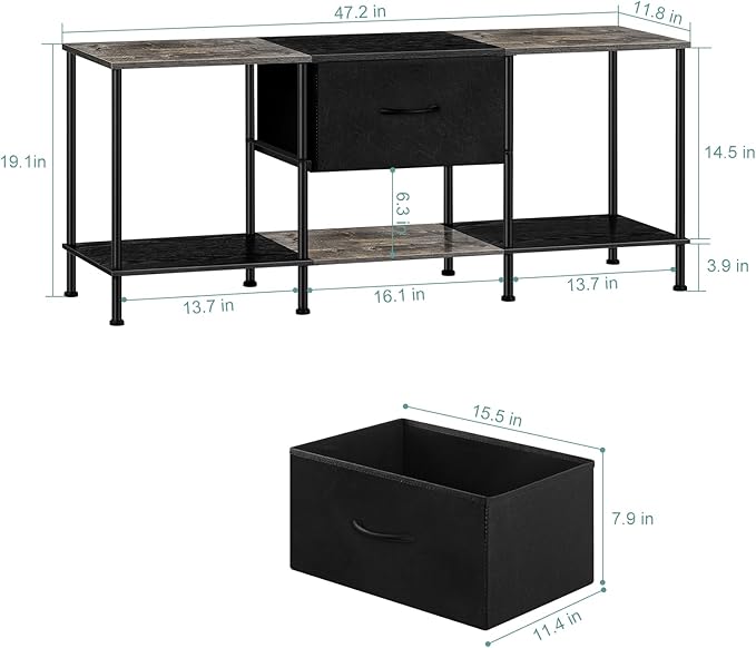 Vrisa TV Stand for 50/55 inch Television Entertainment Center with Storage Fabric Cabinet and Shelves Modern TV Console for Living Room Bedroom, Black+Grey
