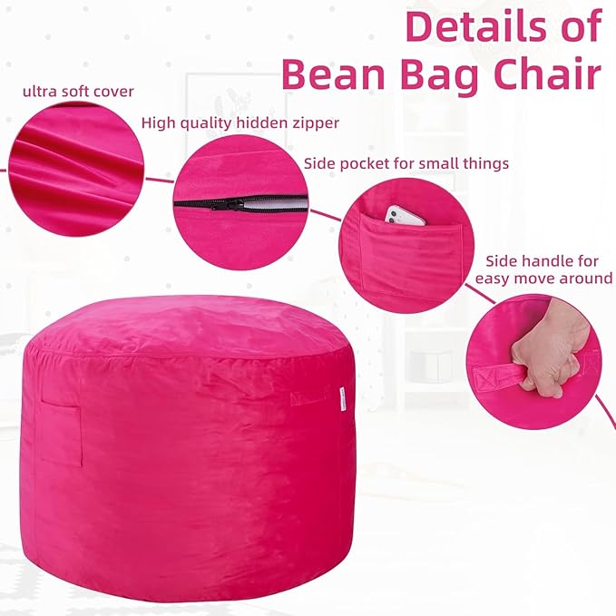 HABUTWAY Bean Bag Chair 3Ft Luxurious Velvet Ultra Soft Fur with High Rebound Memory Foam Bean Bag Chairs for Adults Plush Lazy Sofa with Fluffy Removable Sponge 3' (Hot Pink)