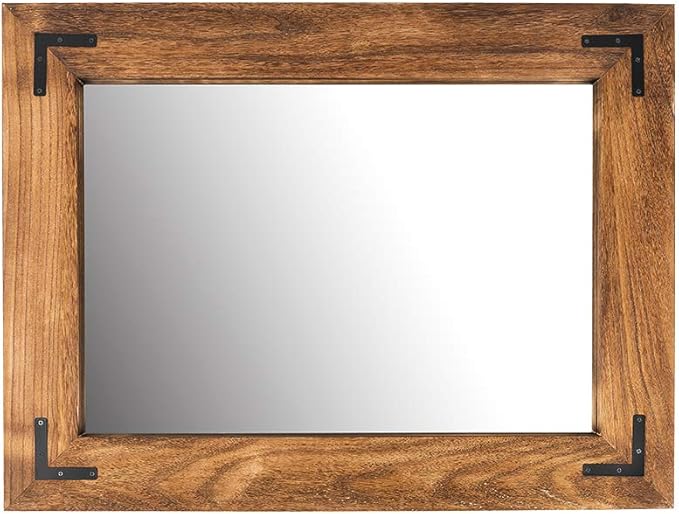 YOSHOOT Rustic Wooden Framed Wall Mirror, Natural Wood Bathroom Vanity Mirror for Farmhouse Decor, Vertical or Horizontal Hanging, 32" x 24", Brown