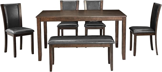 Ball & Cast 6 Piece Dining Table Set with 4 Upholstered Chairs & 1 Bench,Farmhouse Wooden Living Room Furniture for 6 W/ 58.5" Rectangle Kitchen Desk,for Restaurant,Home Bistro,Dining Room,Dark Walnut