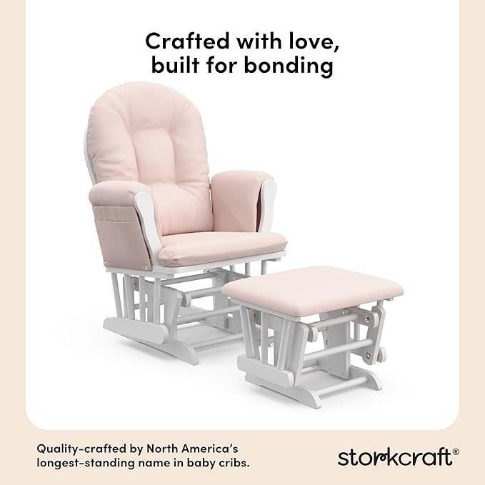 Storkcraft Premium Hoop Glider & Ottoman (White/Pink) — GREENGUARD Gold Certified Nursery Glider, Solid Wood Craftsmanship, Smooth-Gliding Nursery Chair and Ottoman, Award-Winning