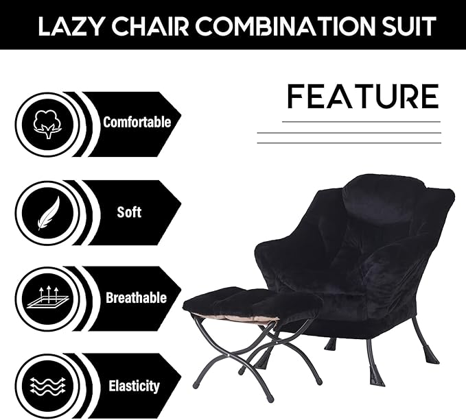 LITA Lazy Chair with Ottoman, Modern Accent Leisure Upholstered Sofa Chair, Lounge Reading Chair with Armrests and a Side Pocket for Living Room, Bedroom & Small Space, Plush Black