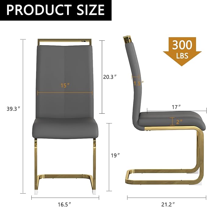 Modern Dining Chairs Set of 6,High Back Grey Kitchen Chairs,Faux Leather Side Chair with Gold Plated Metal Legs,Easy to Clean Upholstered Dining Chairs,Ideal for Living Room(Gold Leg)