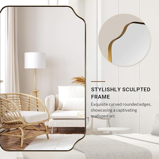 ANDY STAR Brushed Gold Mirror, 22"x30" Bathroom Vanity Mirror, Rounded Rectangle Bathroom Mirror with Rust-Proof Stainless Steel 1" Frame, Wall Mounts Horizontally or Vertically