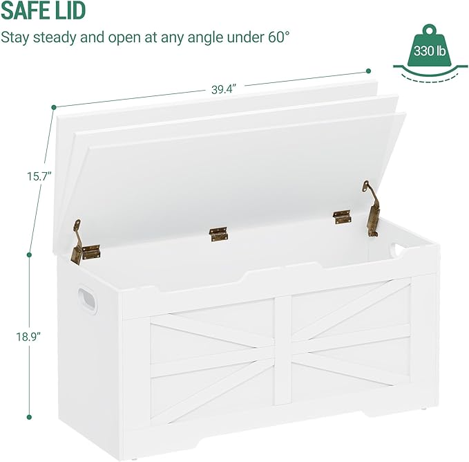 39.4" Storage Chest, Extra Large Storage Trunk with 2 Safety Hinges, Wooden Box Bench, Lift-Top Organizer Chest, Shoe Bench for Entryway, Bedroom, Living Room, White SB03403X